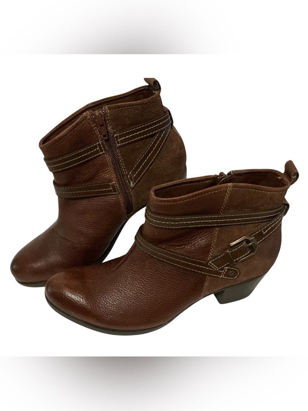 Earth Origins Raven Leather Ankle Boots 8.5 Wide Brandy Brown Buckle Block Heel
